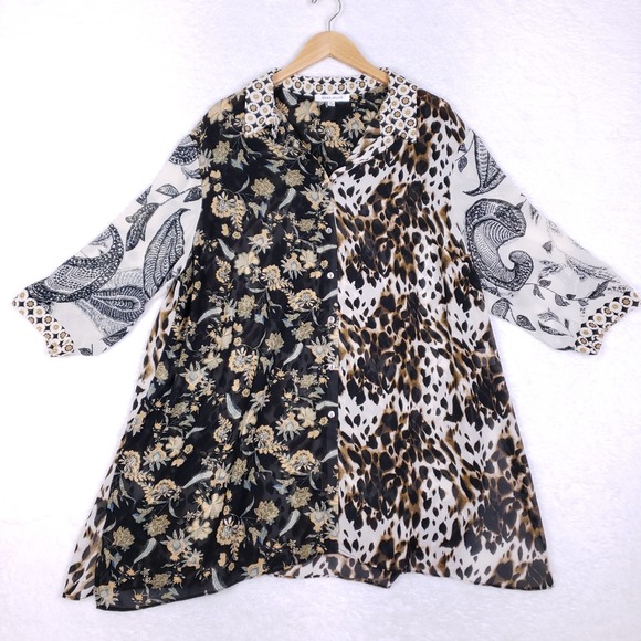 Rose + Olive Mixed Print Tunic Top 2X Button Front Boho Chic Statement Blouse - Picture 1 of 11